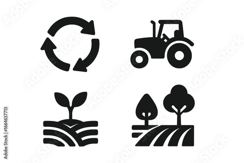 Sustainable farming solid icon set. Eco agriculture and organic production symbols. Green tractor, crop rotation, agroforestry, and land management vector glyph illustrations.