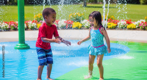 Two diverse young children, happily play together in a colorful splash pad, enjoying water jets and summer sunshine.