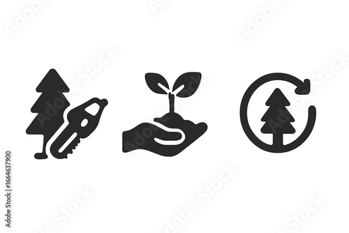 Sustainable forestry practices icon set. Eco friendly forest management concepts. Selective logging, wood harvesting, replanting, and reforestation vector symbols collection.