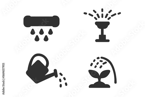 Sustainable irrigation systems vector icon set. Water conservation & smart farming symbols. Drip irrigation, sprinkler, watering can for agriculture & gardening glyphs.