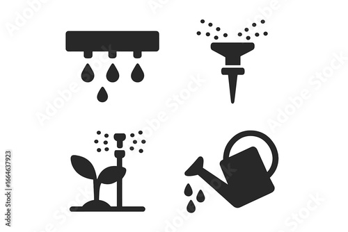 Sustainable irrigation vector icon set. Solid glyphs of eco-friendly watering tools, drip pipe, sprinkler head, and can for efficient garden and farm water conservation.