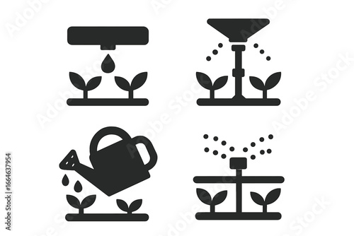 Sustainable irrigation vector icon set. Solid filled glyphs of drip pipe, sprinkler head, watering can. Eco friendly water saving systems for farming, gardening, and conservation.