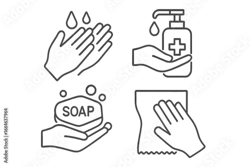 Hand hygiene icons set. Washing hands with water, using antiseptic sanitizer, soap bar, drying with paper towel. Personal hygiene, disease prevention, health care concept.