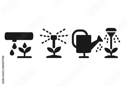 Sustainable irrigation solid glyph icon set. Drip irrigation pipe, sprinkler head, watering can. Agriculture technology, eco friendly farming, water conservation vector symbols.
