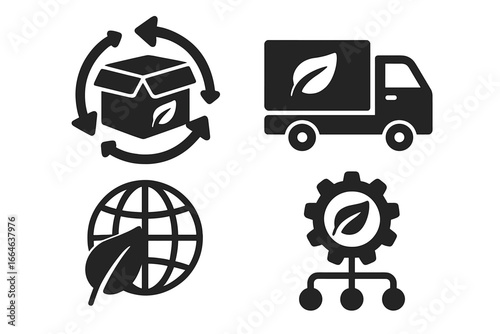 Sustainable supply chain solid glyph icon set. Green logistics, eco transport, responsible manufacturing. Vector collection for carbon footprint reduction and circular economy concept.