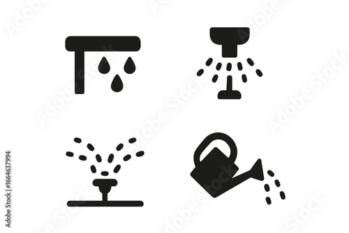Eco friendly water conservation icon set. Sustainable irrigation systems for smart farming and gardening. Vector glyph icons of drip pipe, sprinkler head, watering can.