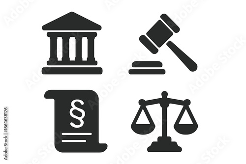 Law and justice solid icon set. Vector symbols of courthouse, judge gavel, legal document, and scales. Concepts of supreme court, legislation, judgment, and government rights.