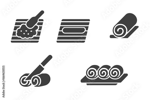 Sushi making process solid glyph icons set. Japanese food cooking steps instruction. Spreading rice, rolling with bamboo mat, slicing maki roll. Culinary recipe guide vector pictogram pack.