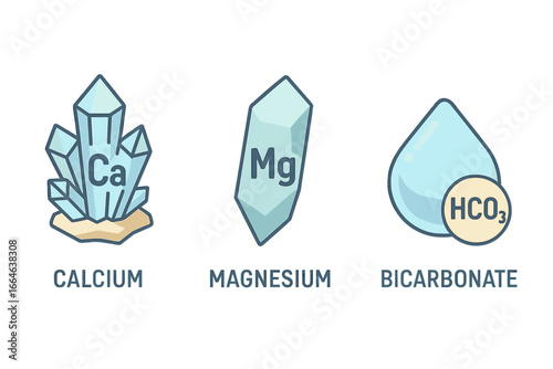 Mineral analysis icons. Flat icon set of water composition: calcium crystal, magnesium shard, bicarbonate drop. Vector illustration for health supplement or spring water label.
