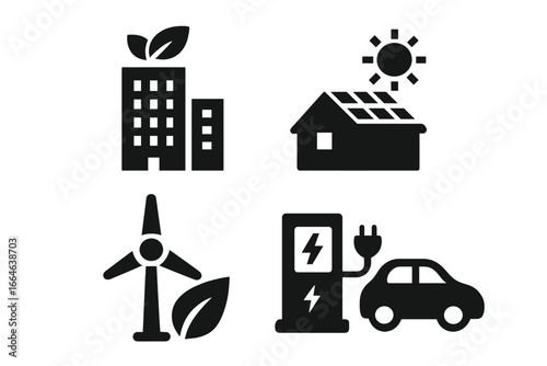 Sustainable infrastructure solid icon set. Green building, solar panel roof, wind turbine, electric car charging station. Renewable energy and eco friendly technology vector symbols.