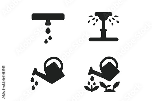 Sustainable irrigation glyph icon set for agriculture and gardening. Eco-friendly water conservation concept with drip system, sprinkler, and watering can symbols.