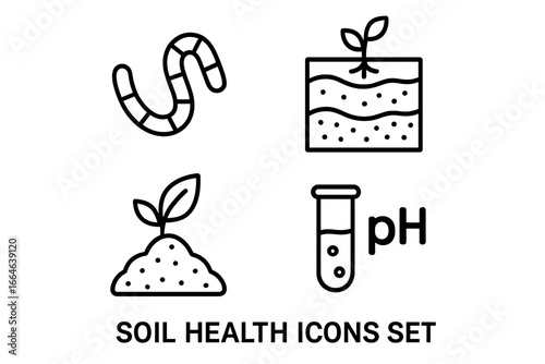Soil health and agriculture line icon set. Vector icons for farming and gardening. Includes earthworm, soil horizon profile, organic matter, and pH test for fertility analysis.