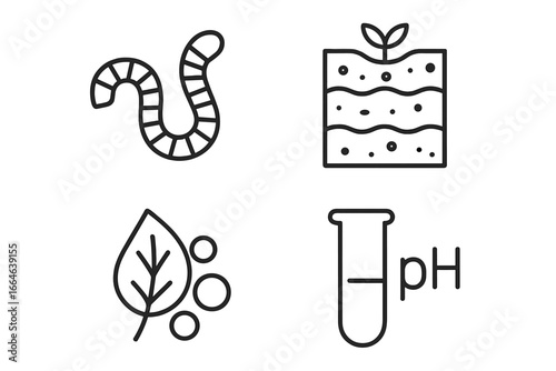 Soil health and agriculture outline icons. Vector symbols for farming, gardening, and ecology. Includes earthworm, soil profile, organic matter, and pH test for analysis.