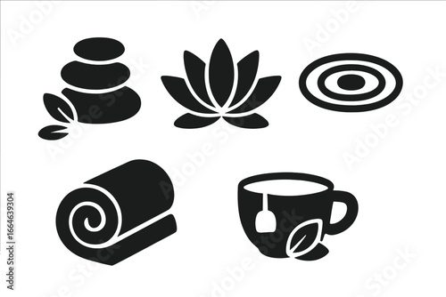 Spa and wellness solid glyph icon set. Vector symbols for relaxation, beauty and health. Massage stones, lotus flower, zen meditation, rolled towel and herbal tea concept.