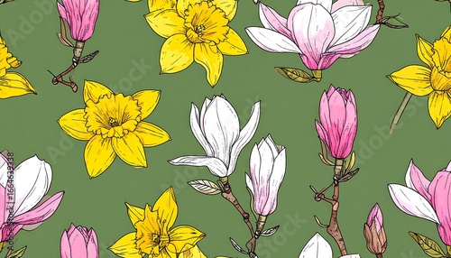Spring floral pattern, daffodils & magnolias