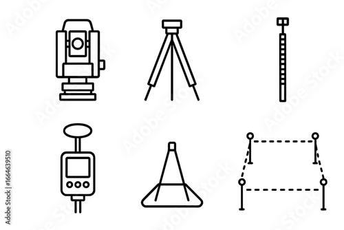 Surveying icons set for land measurement. Vector outline symbols of geodetic equipment. Theodolite, total station, tripod, leveling rod, GPS receiver for topography.