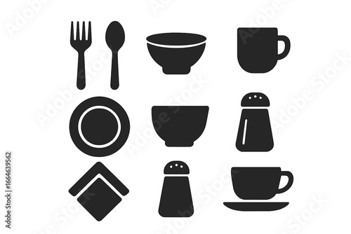 Tableware and cutlery icon set. Solid glyph symbols of dining utensils. Fork, spoon, plate, bowl, cup, napkin, and salt shaker for a restaurant menu or kitchen design vector.
