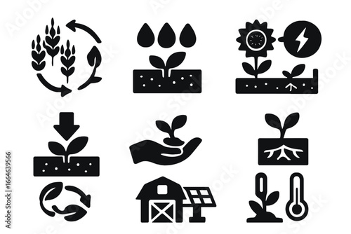Sustainable agriculture icon set. Eco farming and smart farm glyph icons. Concepts of crop rotation, soil health, irrigation, solar energy, and organic cultivation. Vector symbols.