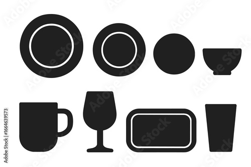 Tableware vector icon set. Solid glyph silhouette collection. Dinner plate, bowl, cup, wine glass, tray, mug. Kitchen and dining symbols for restaurant menu or home use.