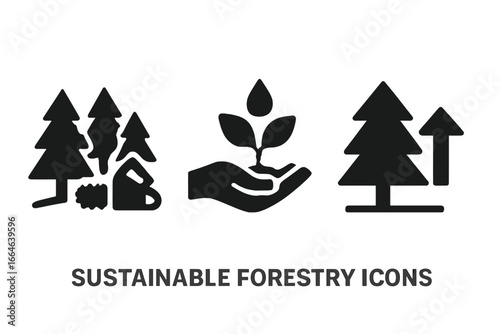 Sustainable forestry icon set. Solid glyph icons of responsible forest management, selective logging, replanting trees, and reforestation for a healthy environment. Vector.