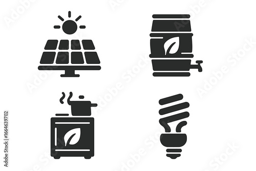 Sustainable living solid icon set. Green energy and eco-friendly lifestyle concepts. Solar panel, rainwater barrel, eco stove, and energy-saving lightbulb glyphs vector.
