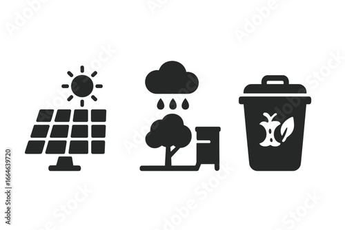 Sustainable park solid icon set with solar panel for renewable energy, rainwater harvesting for water conservation, and compost bin for organic waste recycling. Eco city vector.