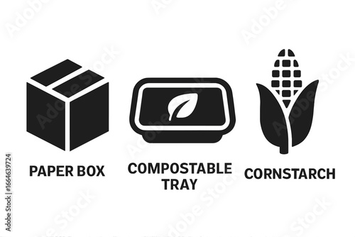 Sustainable packaging icon set. Solid glyph icons of eco-friendly alternatives. Paper box, compostable tray, cornstarch bioplastic. Zero waste, biodegradable materials concept.