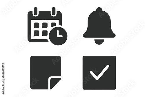 Task management icon set. Solid glyphs for productivity, scheduling, and project deadlines. Vector symbols of calendar, clock, reminder bell, sticky note, and to-do list checkmark.
