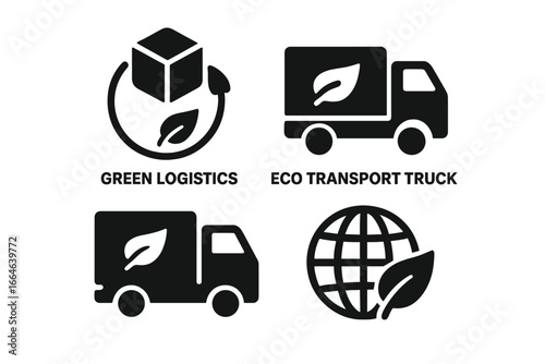 Sustainable supply chain and green logistics icon set. Eco transport truck, renewable delivery, and global ecology symbols. Carbon footprint and environment concept vector.