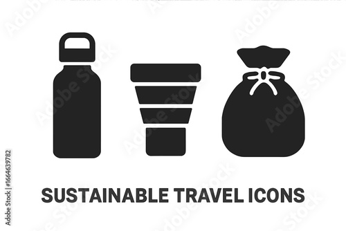 Sustainable travel icons. Solid glyph icon set of eco friendly items for a zero waste lifestyle. Reusable metal water bottle, collapsible cup, and fabric pouch vector.