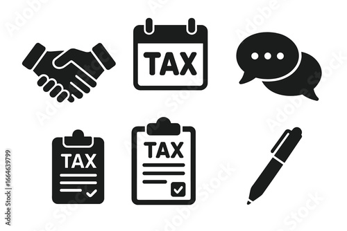 Tax consultation icon set. Financial advisor and accounting service symbols. Tax payment, declaration form, audit, and handshake agreement vector solid glyph icons collection.