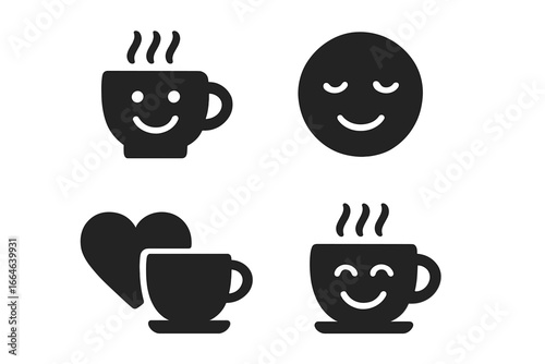 Coffee time emotion icon set. Solid glyph vector symbols. Happy smiley face on hot steaming mug. Relaxed emoji and love heart with cup. Breakfast morning beverage.