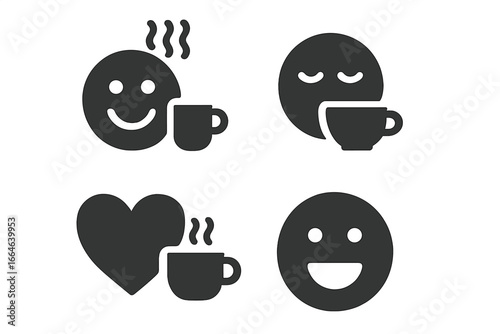 Tea time emotion solid glyph icon set. Vector of happy smiley faces with cup. Hot coffee break concept. Love for tea, relaxation, enjoyment, positive feelings, and good mood emoji.