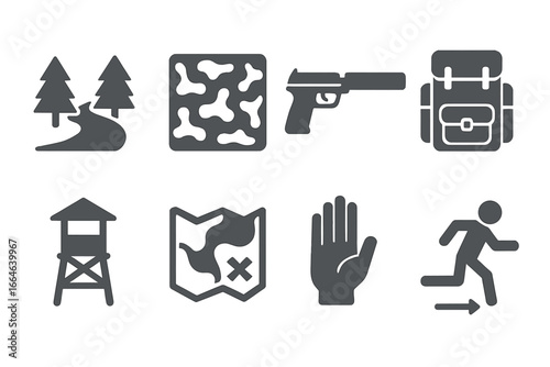 Tactical icons grid for military missions or survival games. Includes forest path, camouflage pattern, silent weapon, supply pack, lookout tower, terrain map, hand signal, escape.
