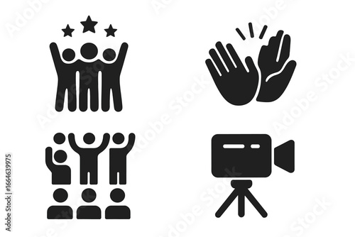 Talent show solid icon set. Vector glyphs of a talent competition, cheering audience, crowd clapping hands, and a standing ovation. Winner celebration and video camera.