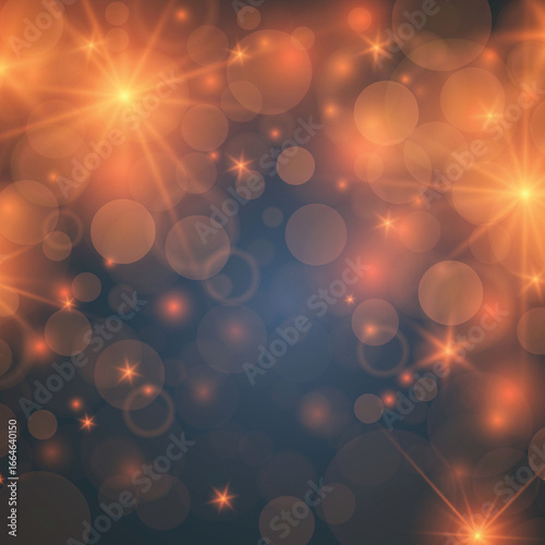 Abstract background with warm glowing bokeh lights and starbursts creating a magical festive atmosphere for celebrations and holidays
