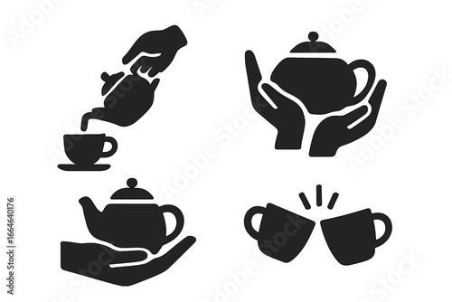 Tea ritual vector icons. Solid glyph icon set of tea serving moments. Pouring gesture, hand holding teapot, cups clinking. Friendship, sharing, hospitality, hot drink concept.