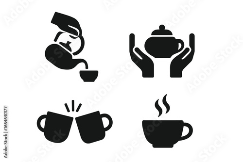 Tea ceremony and coffee break solid glyph icons set. Pouring tea from teapot, sharing gesture, clinking mugs toast and hot drink cup. Vector pictogram collection.