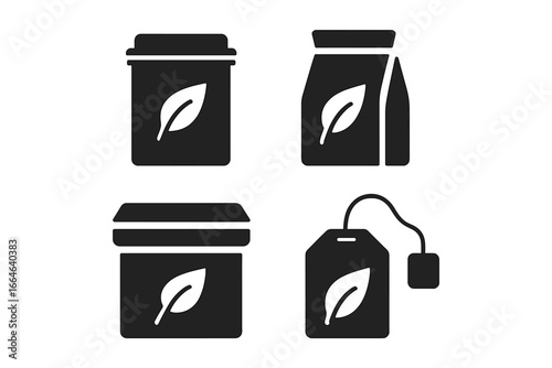 Tea packaging vector icon set. Solid black glyph symbols for tea storage. Includes tea tin, paper pouch, box container, and teabag. Minimalist graphic design elements.