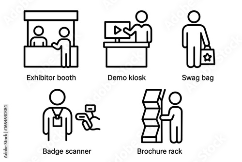 Trade Show Icons Outline Set of Visitors, Exhibitor Booth, Demo Kiosk, Swag Bag, Badge Scanner, Brochure Rack, Event Marketing, Exhibition Vector Illustration
