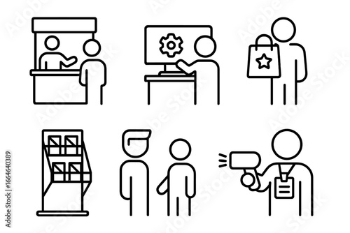 Trade show icons outline vector set with visitors, exhibitor booth, demo kiosk, swag bag, badge scanner, and brochure rack for exhibition event design