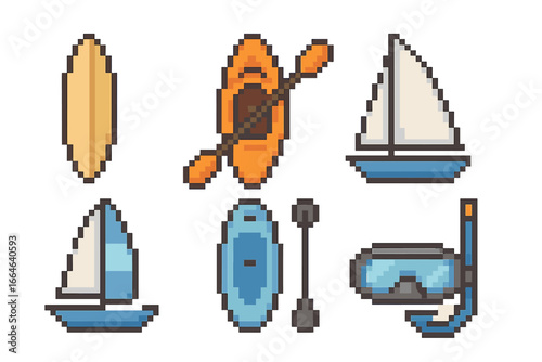 Pixel Art Water Sports Icons Set with Surfboard, Kayak, Sailboat, Windsurf Board, Paddleboard, Snorkel Mask Vector Illustration on Transparent Background