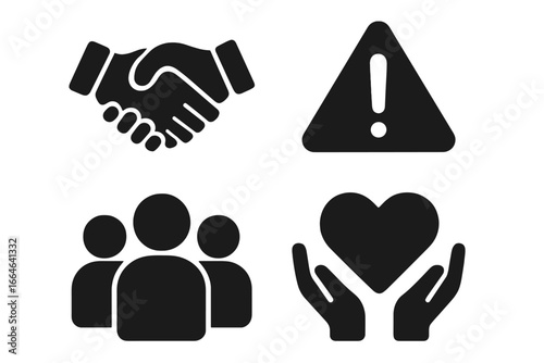 Business teamwork, risk management, and support icon set. Solid glyph pictograms for collaboration, partnership, hazard warning, community, and employee care vector symbol.