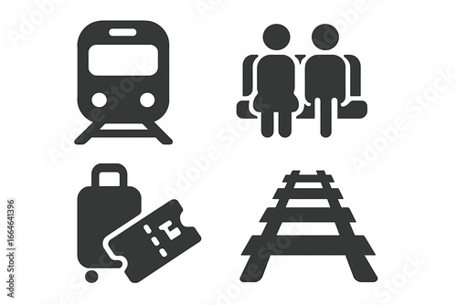 Train journey icon set. Solid glyph icons for public transportation and travel concept. Vector collection of train, passengers, luggage, ticket, and railway track symbols.