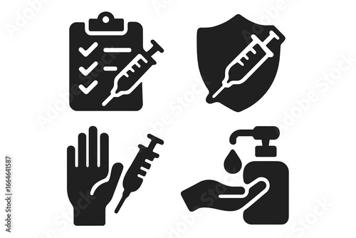 Vaccination and immunization safety solid icon set. Glyph icons for medical prevention, health protection, and hygiene. Vector vaccine checklist, shield, and hand sanitizer.