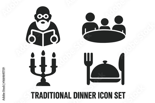 Traditional dinner and family celebration vector icon set. Solid glyphs for holiday meal, community, storytelling, heritage. Elder reading book, people at table, candelabra.