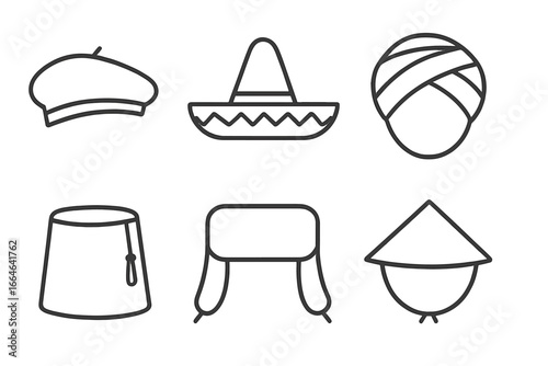 Traditional headgear icon set. Vector outline illustration of diverse cultural hats from around the world. Sombrero, beret, turban, fez, ushanka, and conical hat symbols.