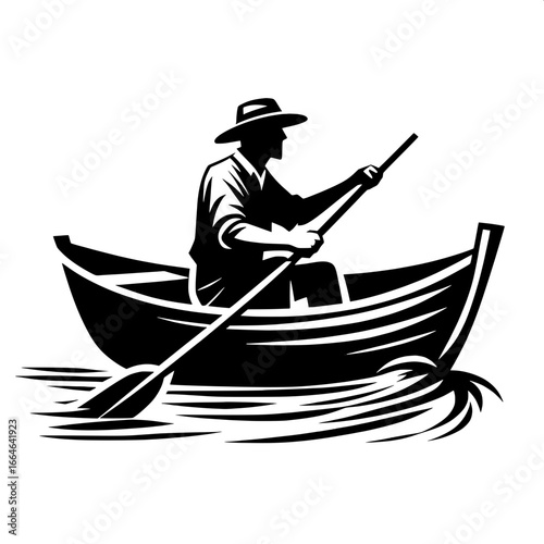 Fisherman Rowing Boat Alone