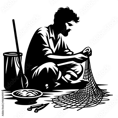 Seated Fisherman Repairing Net