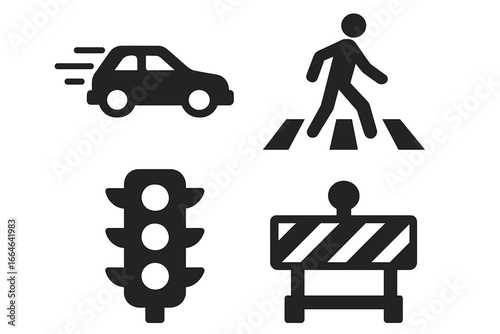 Traffic danger and road safety solid icon set. Vector pictograms for driving rules. Speeding car, pedestrian on crosswalk, traffic light, roadblock barrier warning signs.